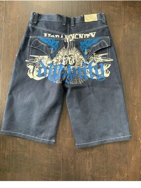 VTG Raw Blue Shorts Mens 36 Blue Denim  14" Skater Hip Hop Wings Y2K W/Embroider
